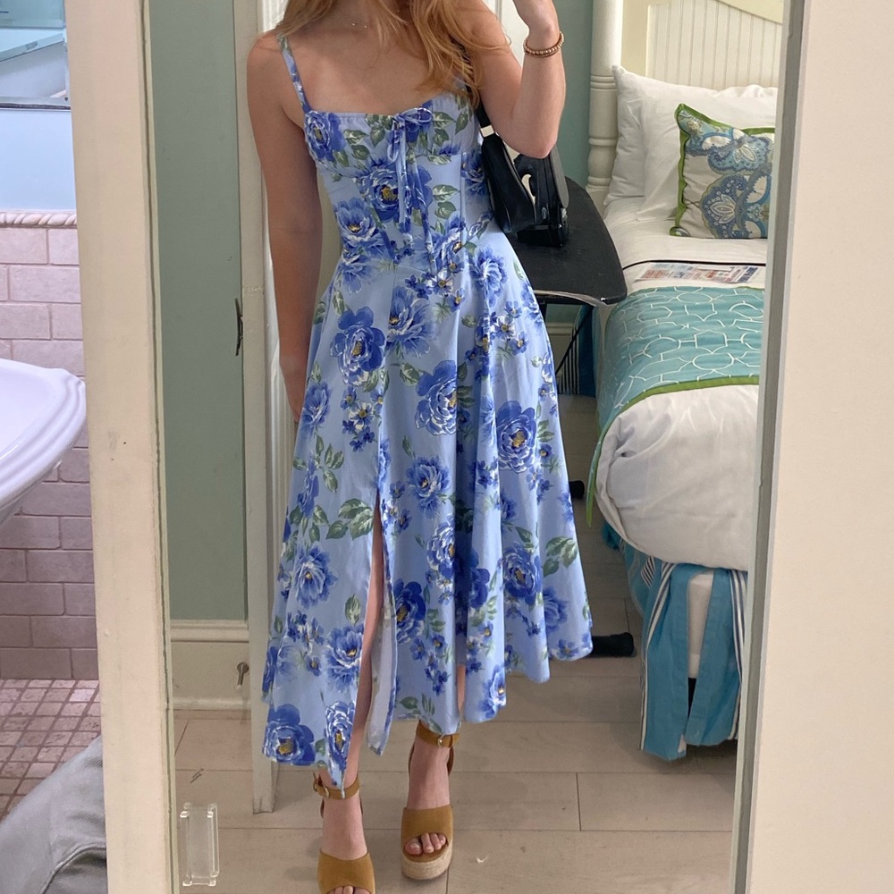 Honey and Rosie Floral corset Blue Maxi Dress